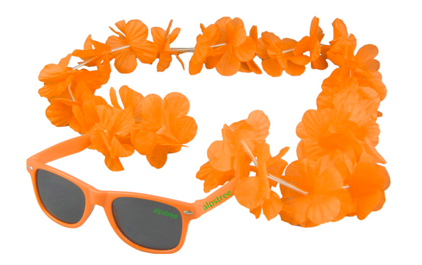 orange Hawaiian-themed sunglasses and lei