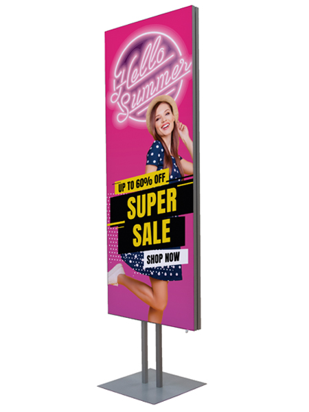 double-sided sublimated standing sign, Hello Summer logo and woman in polk dot dress