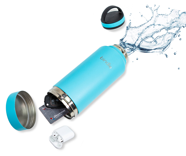 blue water bottle with storage