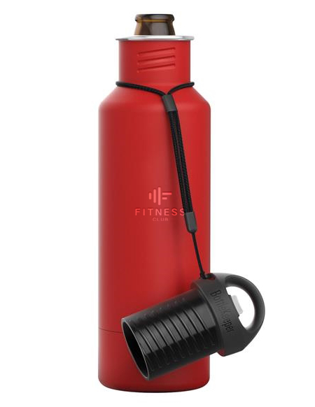 red sport bottle with black lid on strap