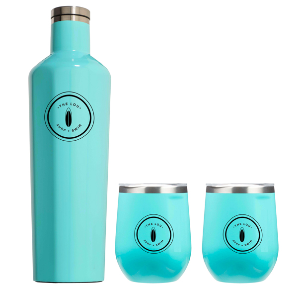 insulated wine tumbler and two stemless glasses