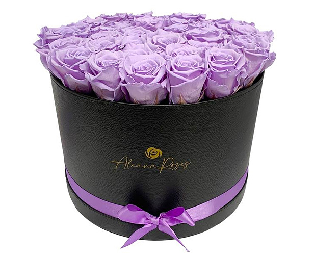 purple foldable roses in round box with ribbon