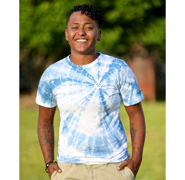 man wearing tie-dyed hemp t-shirt