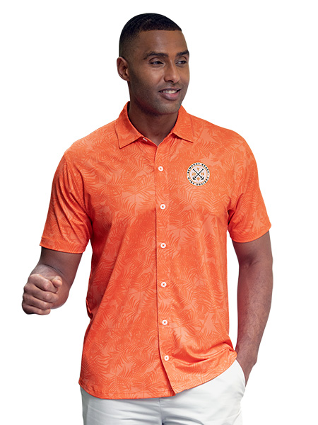 man wearing orange button down