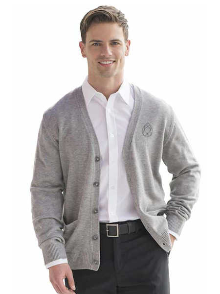 man wearing gray v-neck cardigan