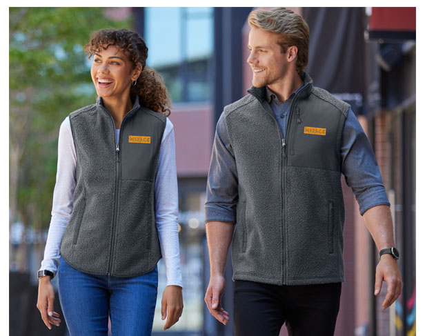 gray fleece sweater vests, man and woman