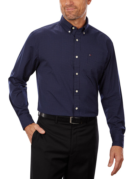 man in blue polka dot woven shirt