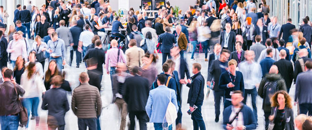 trade show floor, people moving