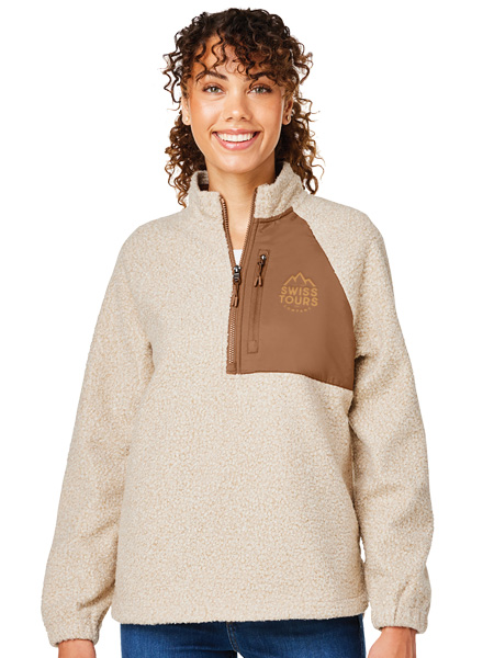 woman wearing beige quarter-zip fleece