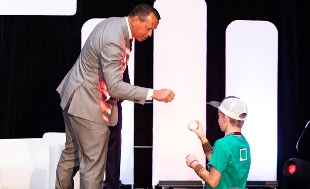 Alex Rodriguez giving baseball to kid