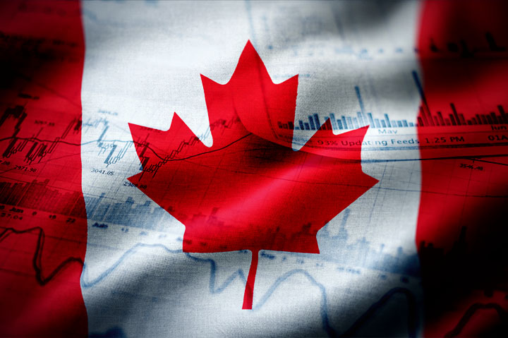 Canadian flag overlaid on financial documents