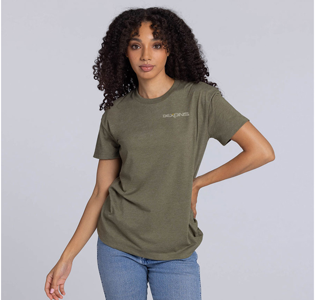 woman wearing olive colored t-shirt and jeans