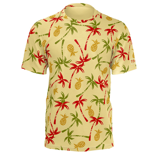 sublimated t-shirt, yellow with red & green palm trees and pineapples