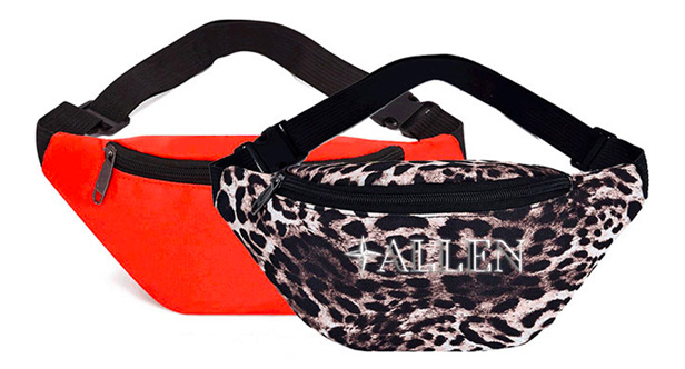 two fanny packs, orange and leopard print