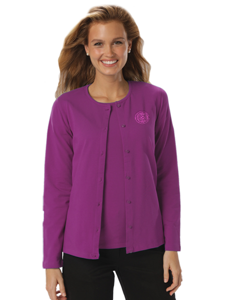 woman wearing purple cardigan