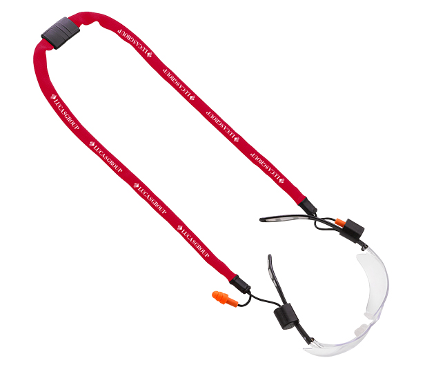 polyester retainer lanyard with crimp and earplugs