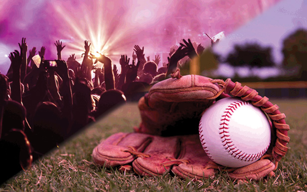 music crowd and baseball glove and ball, mashup