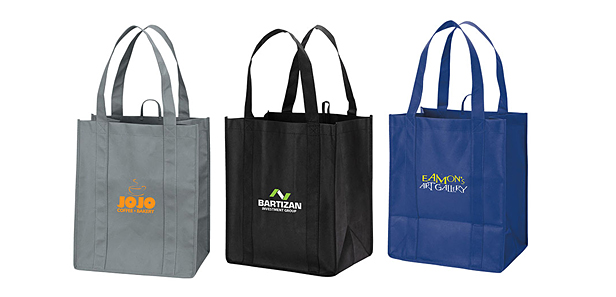 non-woven totes, gray, black and blue