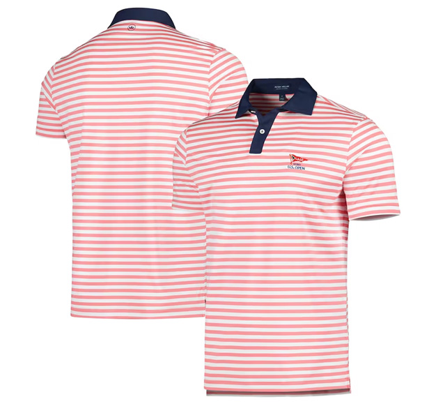 red striped polo, navy blue collar