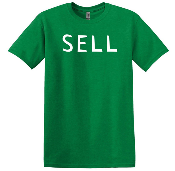 green t-shirt with word Sell on front