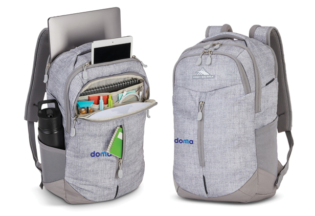 two gray backpacks, one full of tech items and notebook