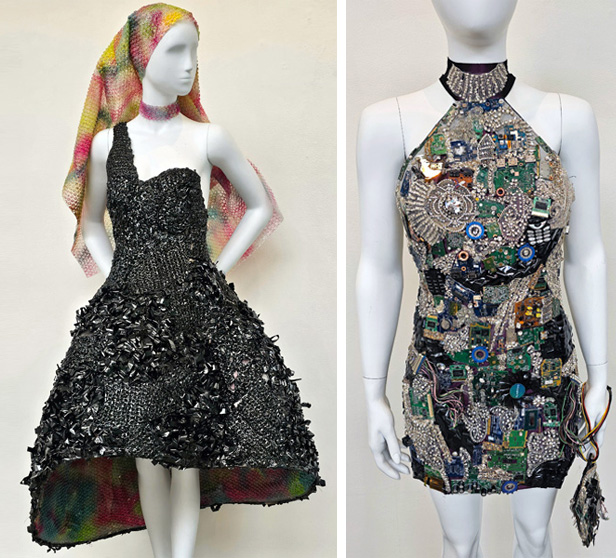 dresses made of VHS tape and discarded computer parts