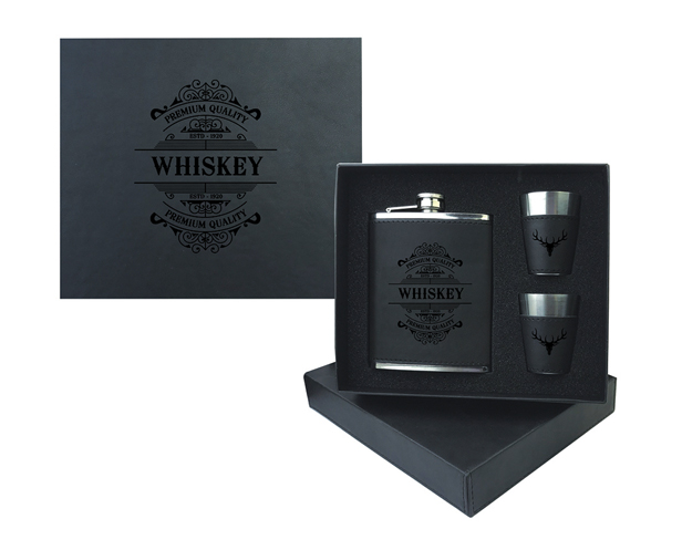 whiskey flask and two shot glasses