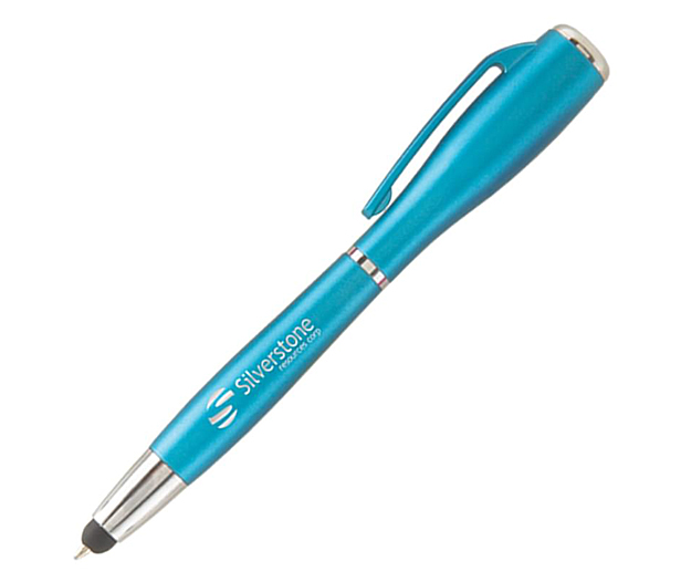 pen with stylus, and button-activated LED flashlight