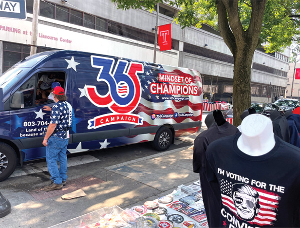 Trump campaign van and merch