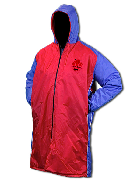 red and blue hooded parka
