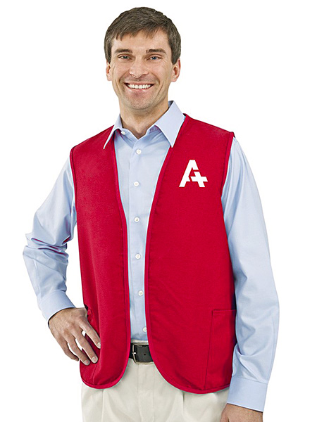 man wearing red vest apron