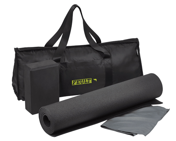 yoga mat, block and rPET cooling towel in an rPET bag