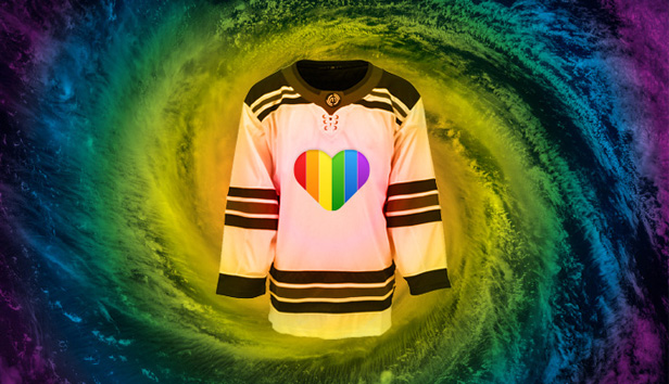 hockey jersey, rainbow flag logo and rainbow-colored storm behind