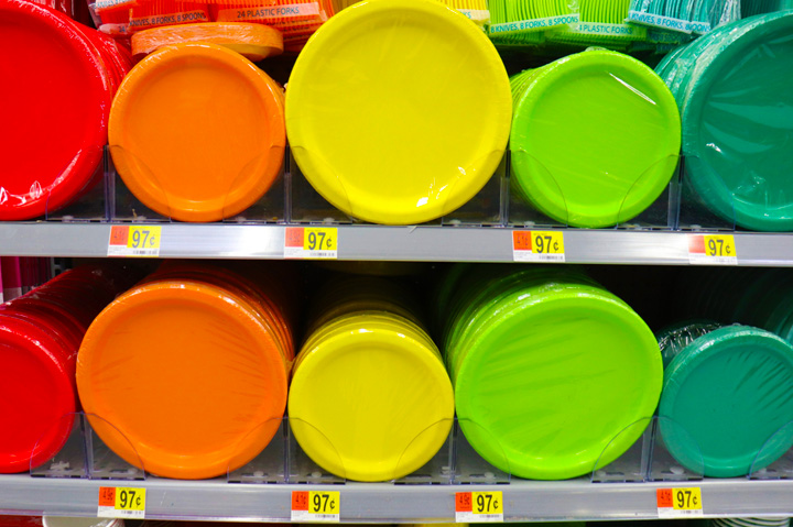 colorful paper plates on store shelves