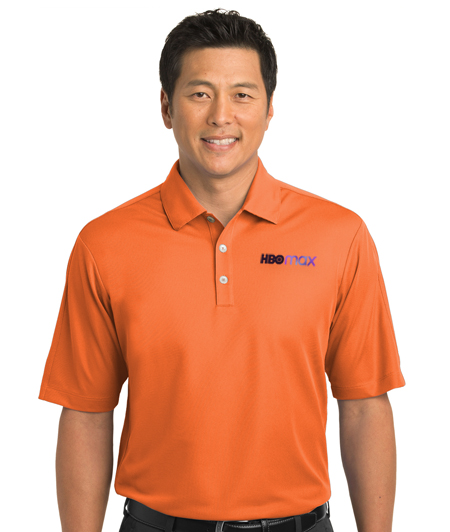 Asian man wearing orange polo shirt