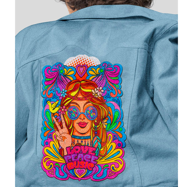 heat transfer on jean jacket of woman giving peace sign