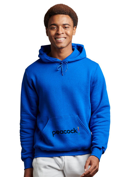 black man smiling, modeling a royal blue hooded sweatshirt