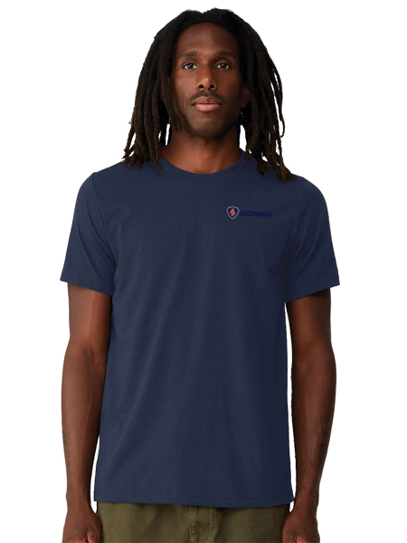 man wearing navy t-shirt