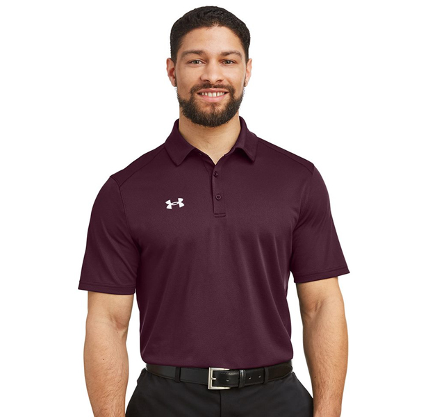 man wearing maroon Under Armour polo shirt