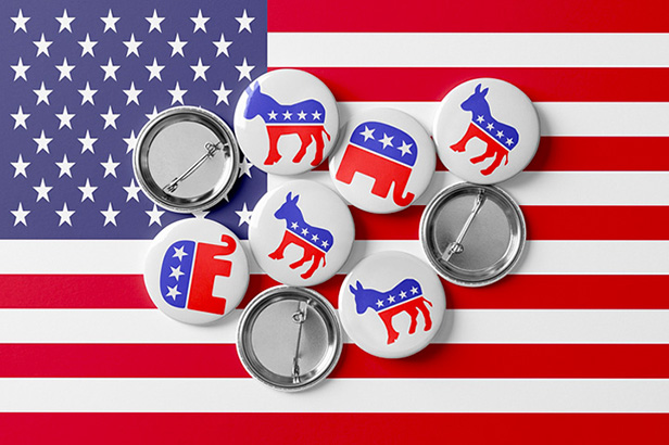 political buttons on US flag