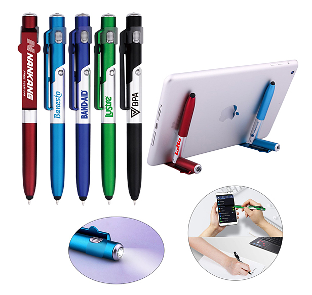 ballpoint, stylus, phone stand and flashlight in one